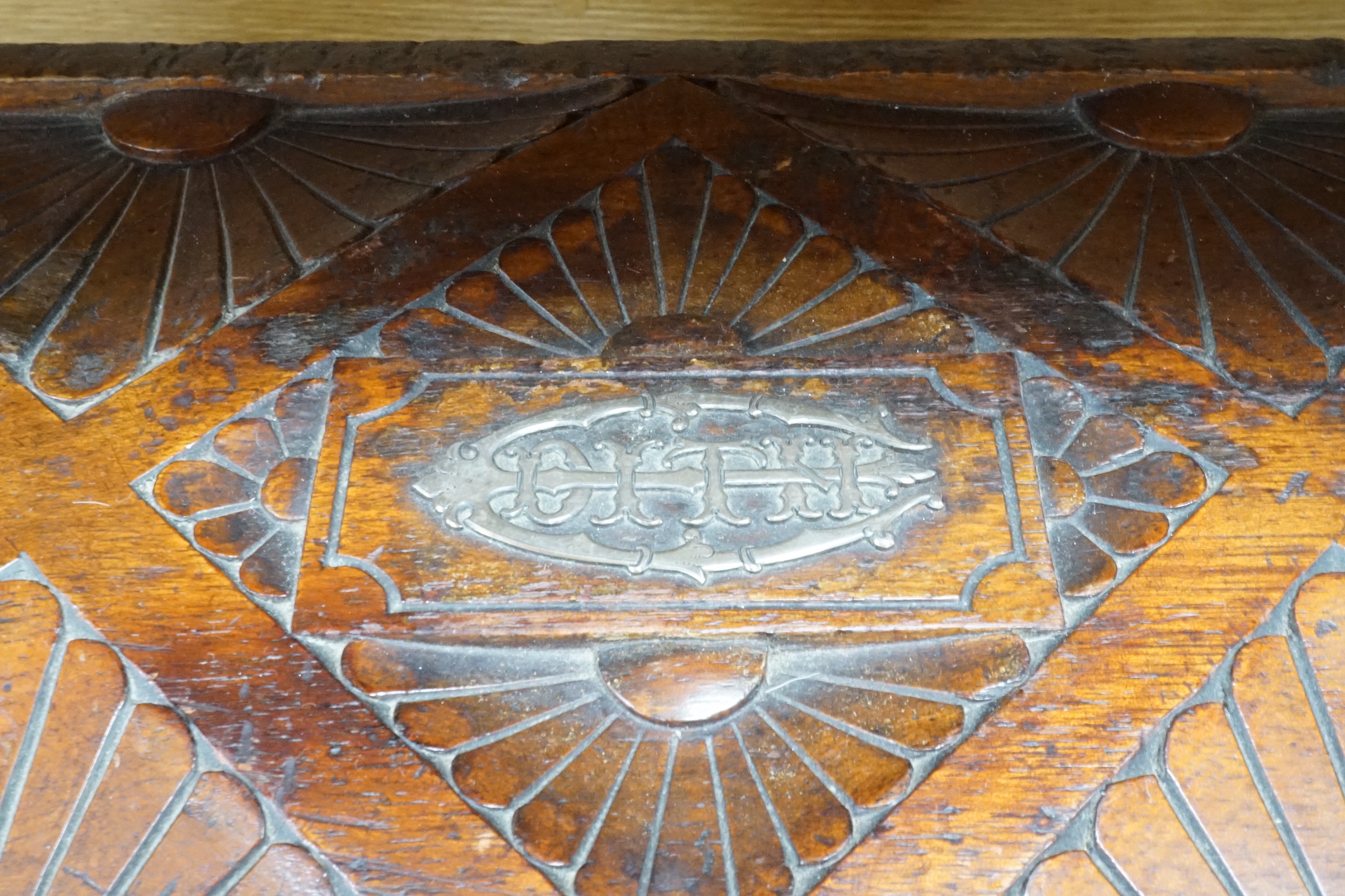 A Victorian carved walnut stationery case with Bramah lock, 42cm wide